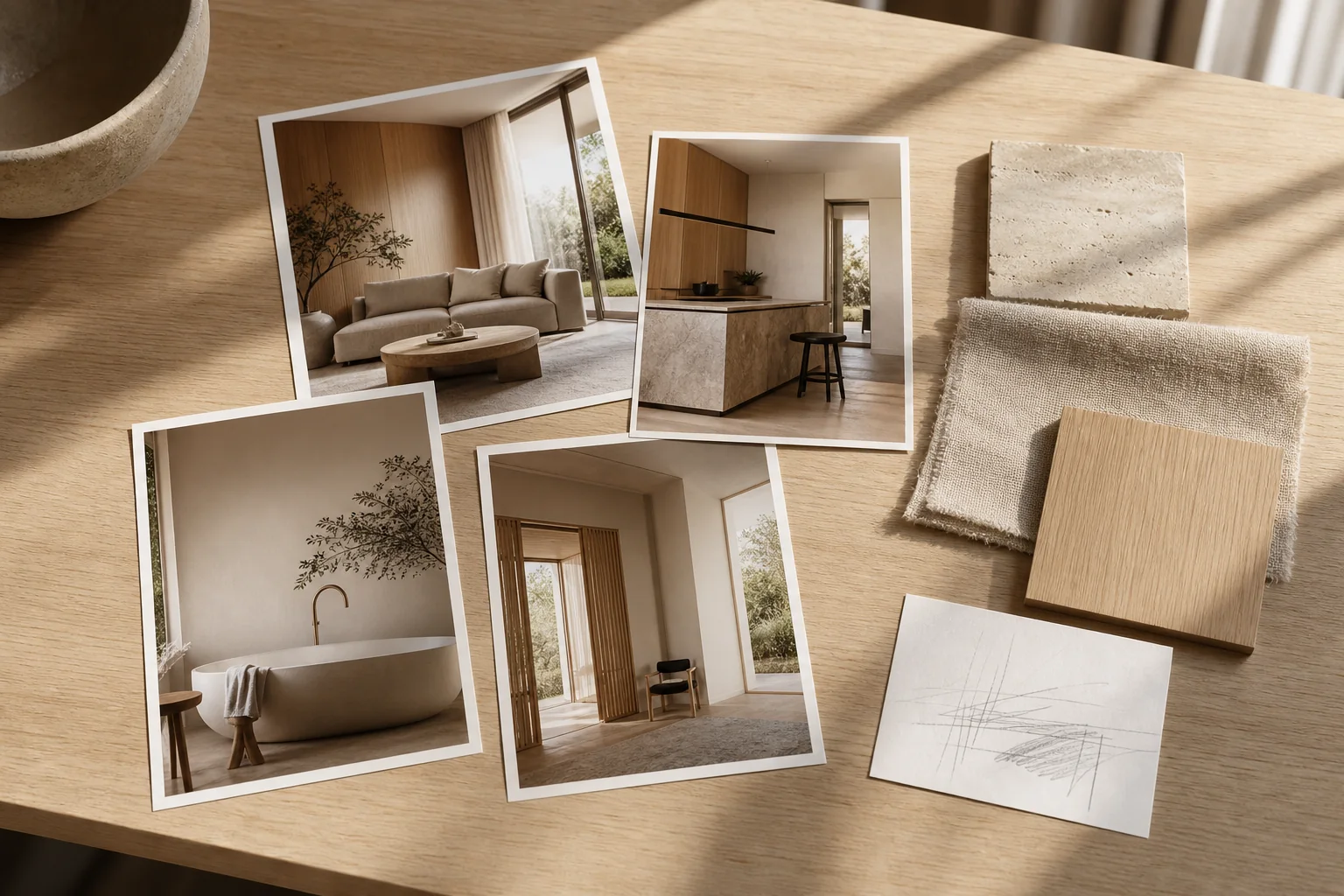 Moodboard z fotografiami wnętrz, próbkami tkanin i kamienia.