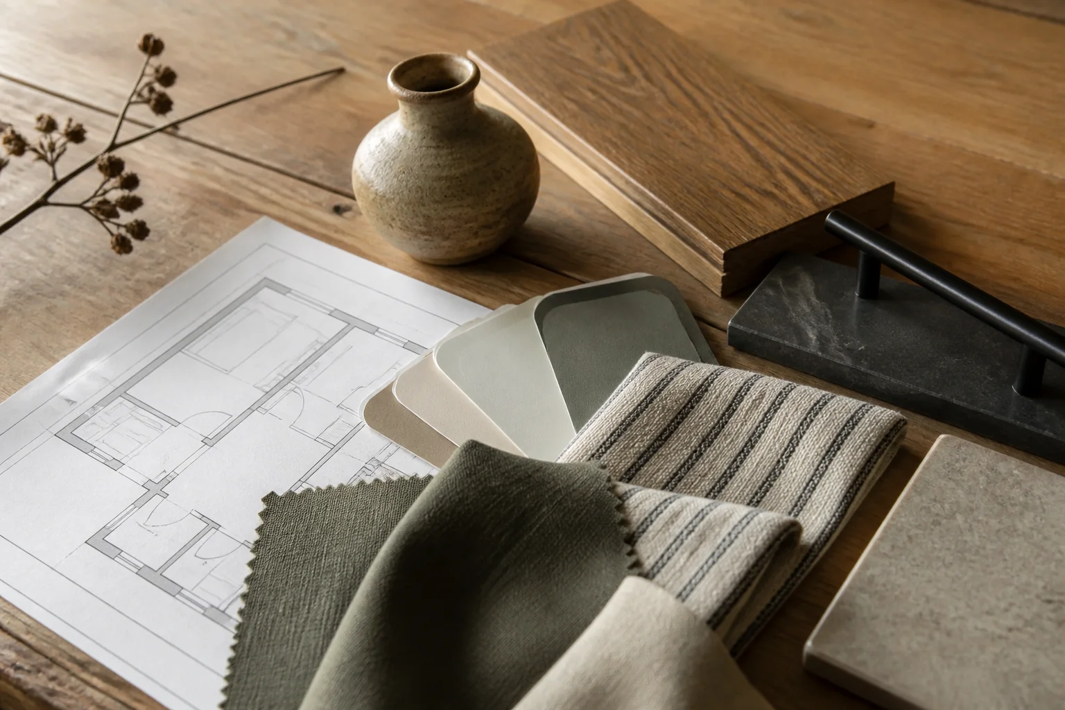 Moodboard z rzutem mieszkania, próbkami tkanin i drewnianymi detalami.
